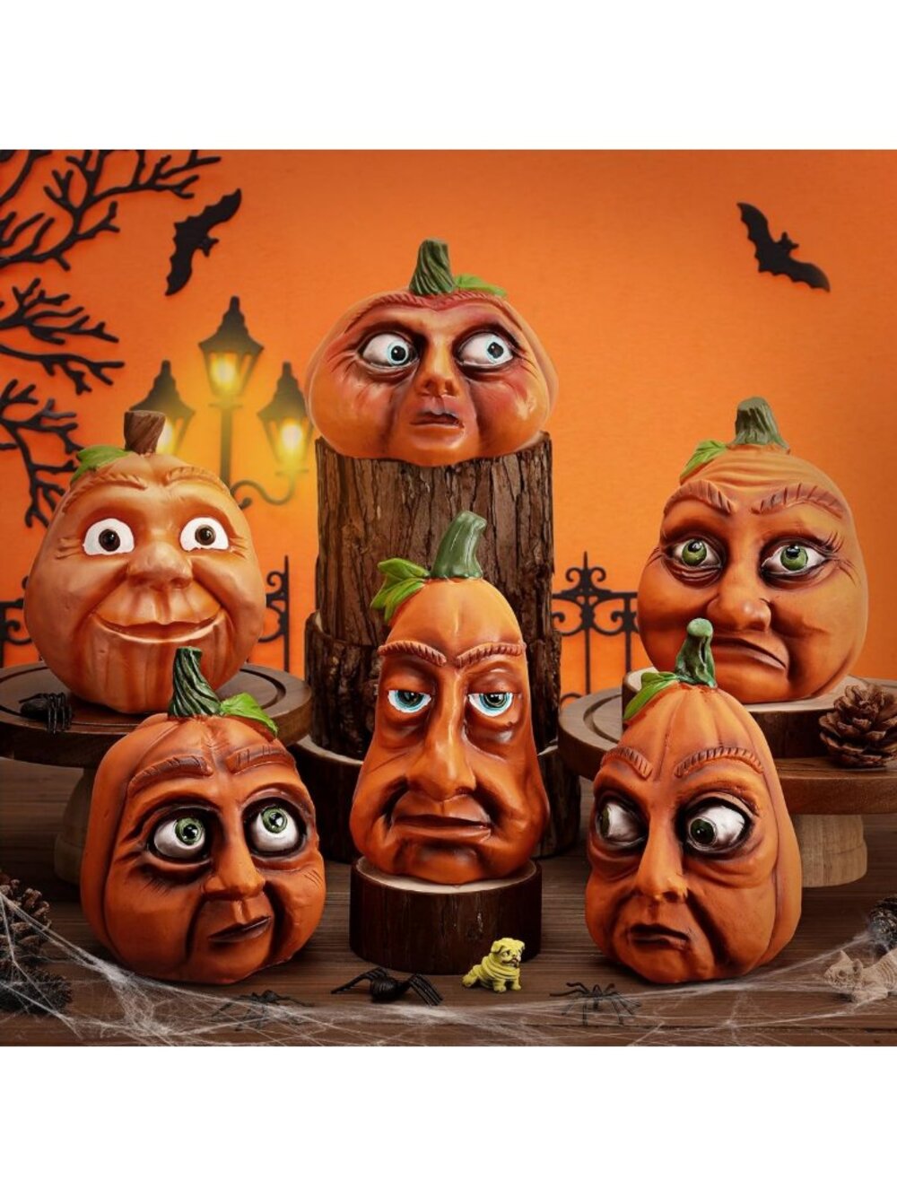 Set of 6 Expressive Pumpkin Decor - Resin Halloween Fall Decorations